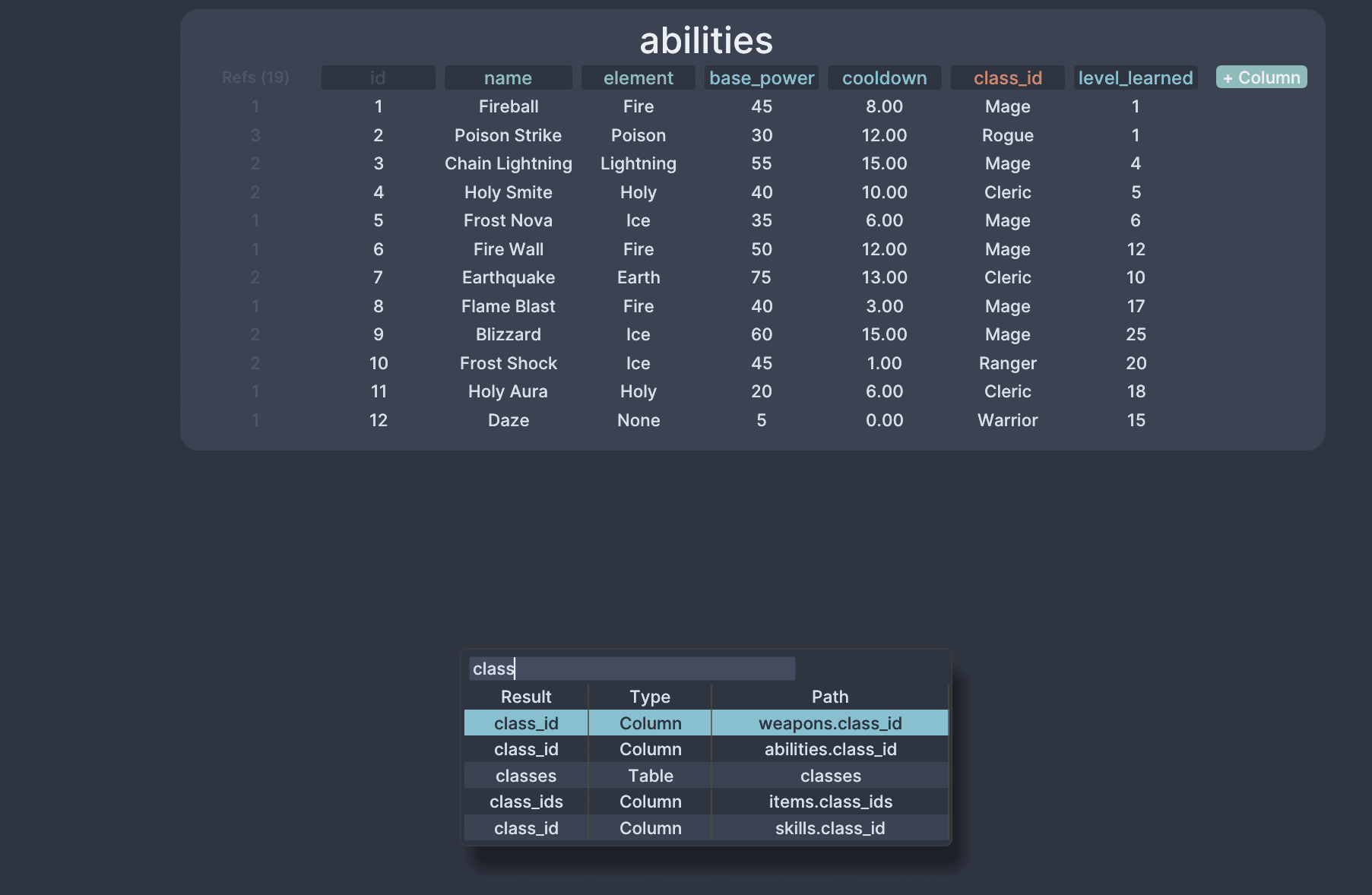 Abilities table with cross-project search showing class references found across weapons, abilities, classes, items, and skills tables