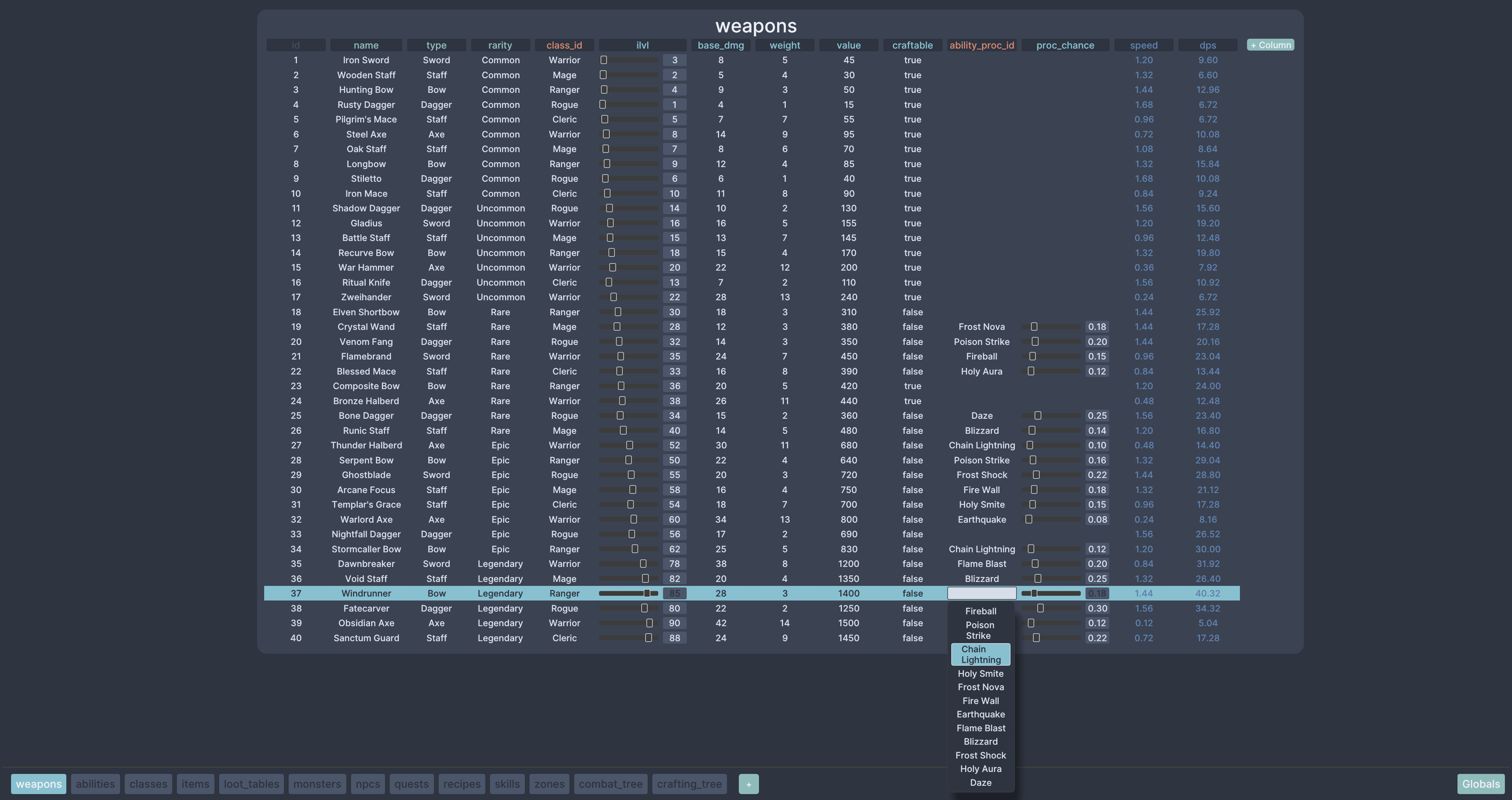 Balance app showing a weapons table with 20 rows, formula columns, ref dropdown selection, and 13 table tabs