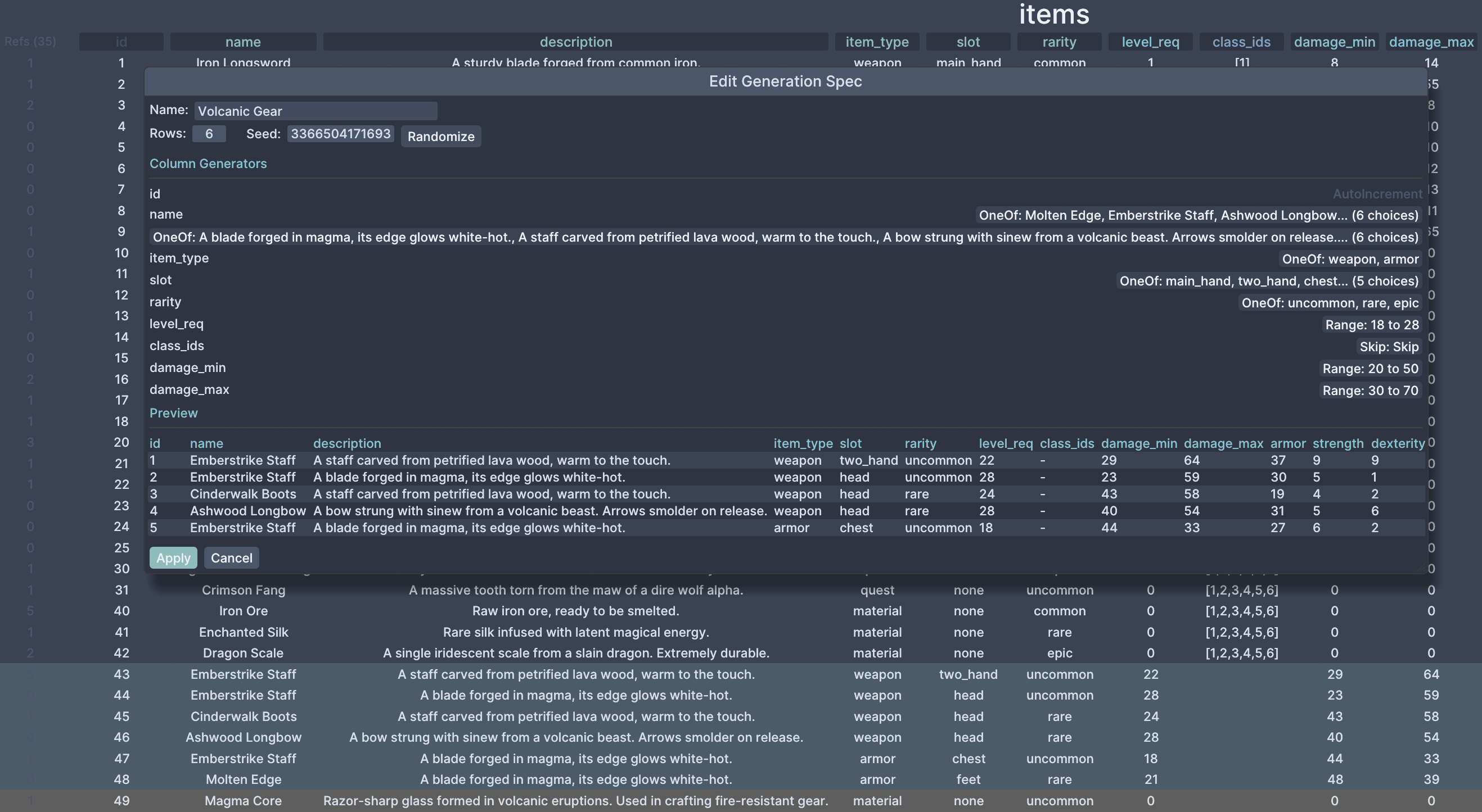 Generation spec editor for Volcanic Gear items showing OneOf name picks, rarity weights, and damage ranges with a 5-row preview and applied generated rows in the table below
